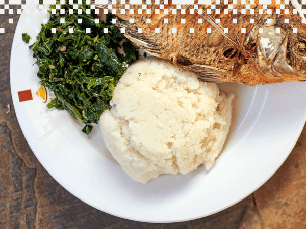 Farantin abinci na ugali da kifi da ganye