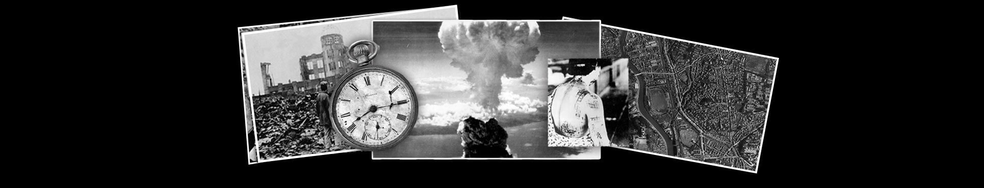 Montagem de fotos de explosão da bomba, devastação, mapa de Hiroshima, relógio com a hora da bomba, mulher ferida